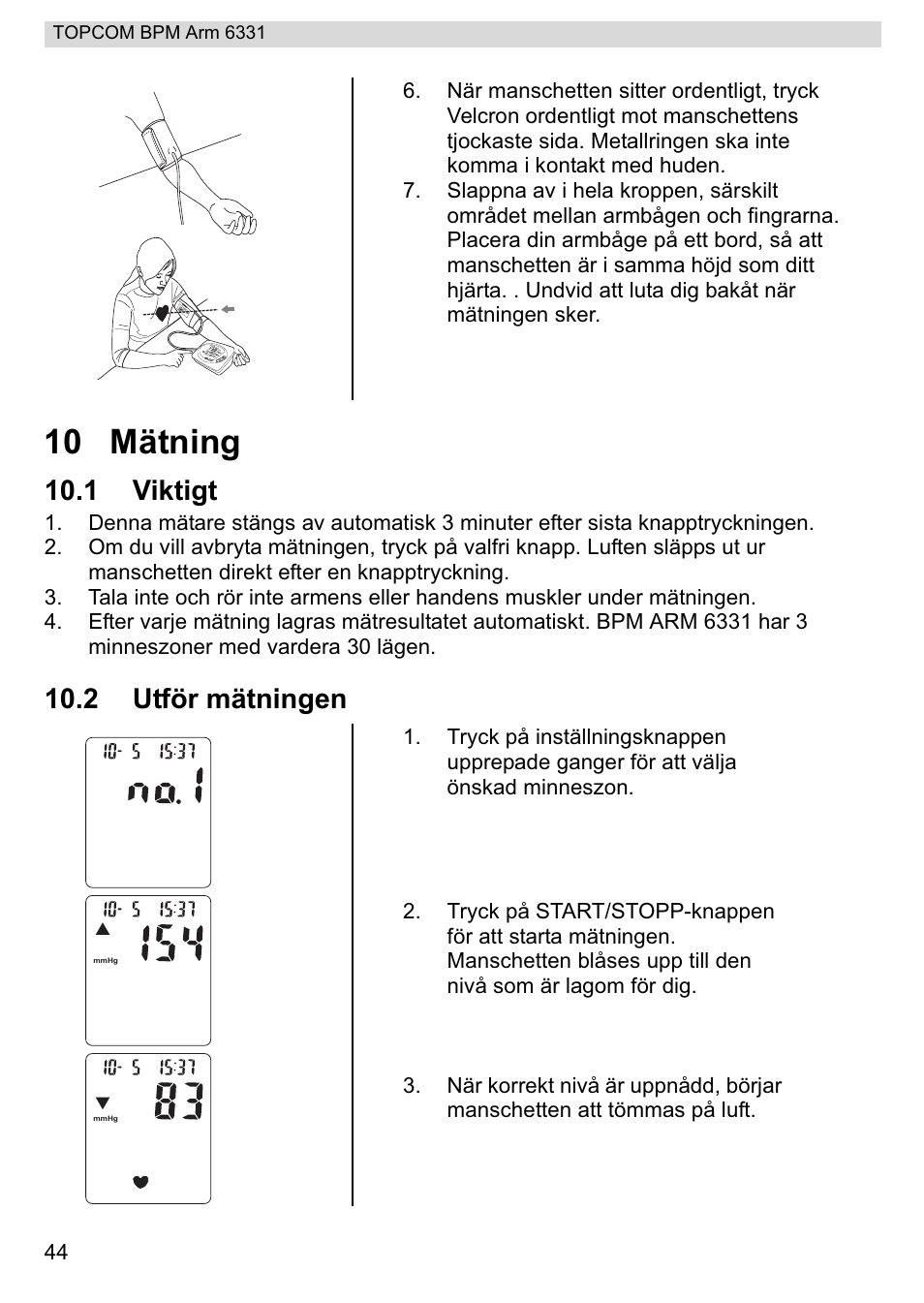10 mätning, 1 viktigt, 2 utför mätningen | Topcom 6331 User Manual | Page 44 / 76
