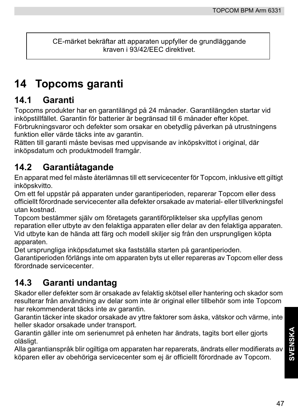 14 topcoms garanti, 1 garanti, 2 garantiåtagande | 3 garanti undantag | Topcom 6331 User Manual | Page 47 / 76