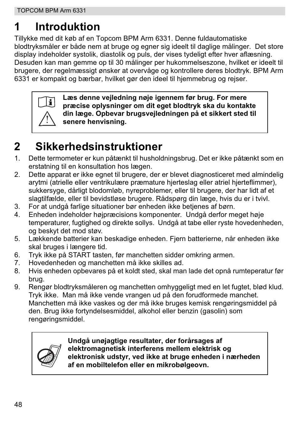 1introduktion, 2sikkerhedsinstruktioner | Topcom 6331 User Manual | Page 48 / 76