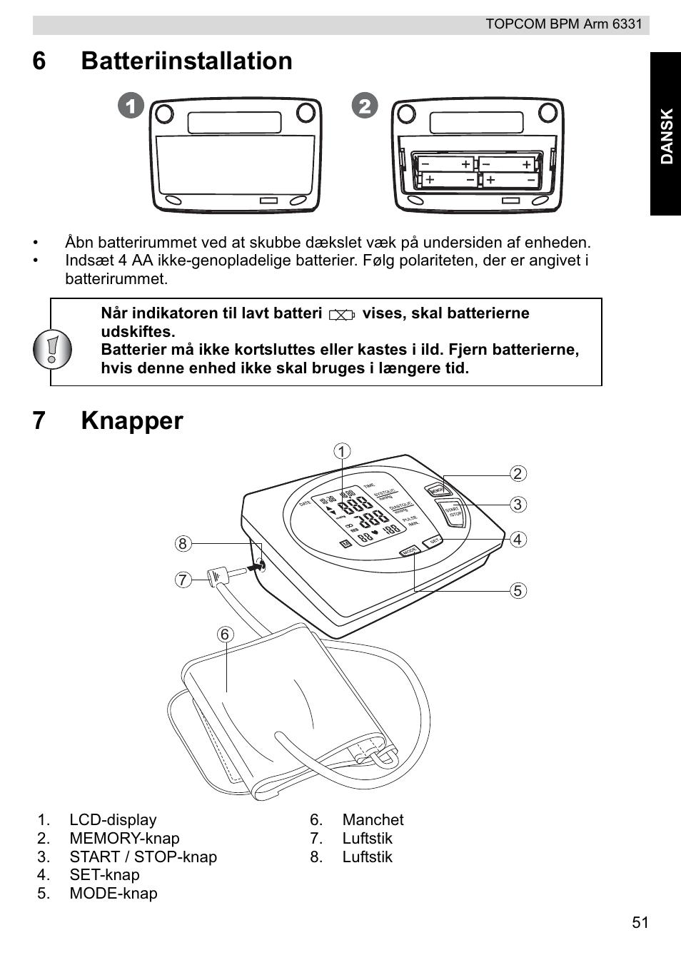 6batteriinstallation, 7knapper | Topcom 6331 User Manual | Page 51 / 76