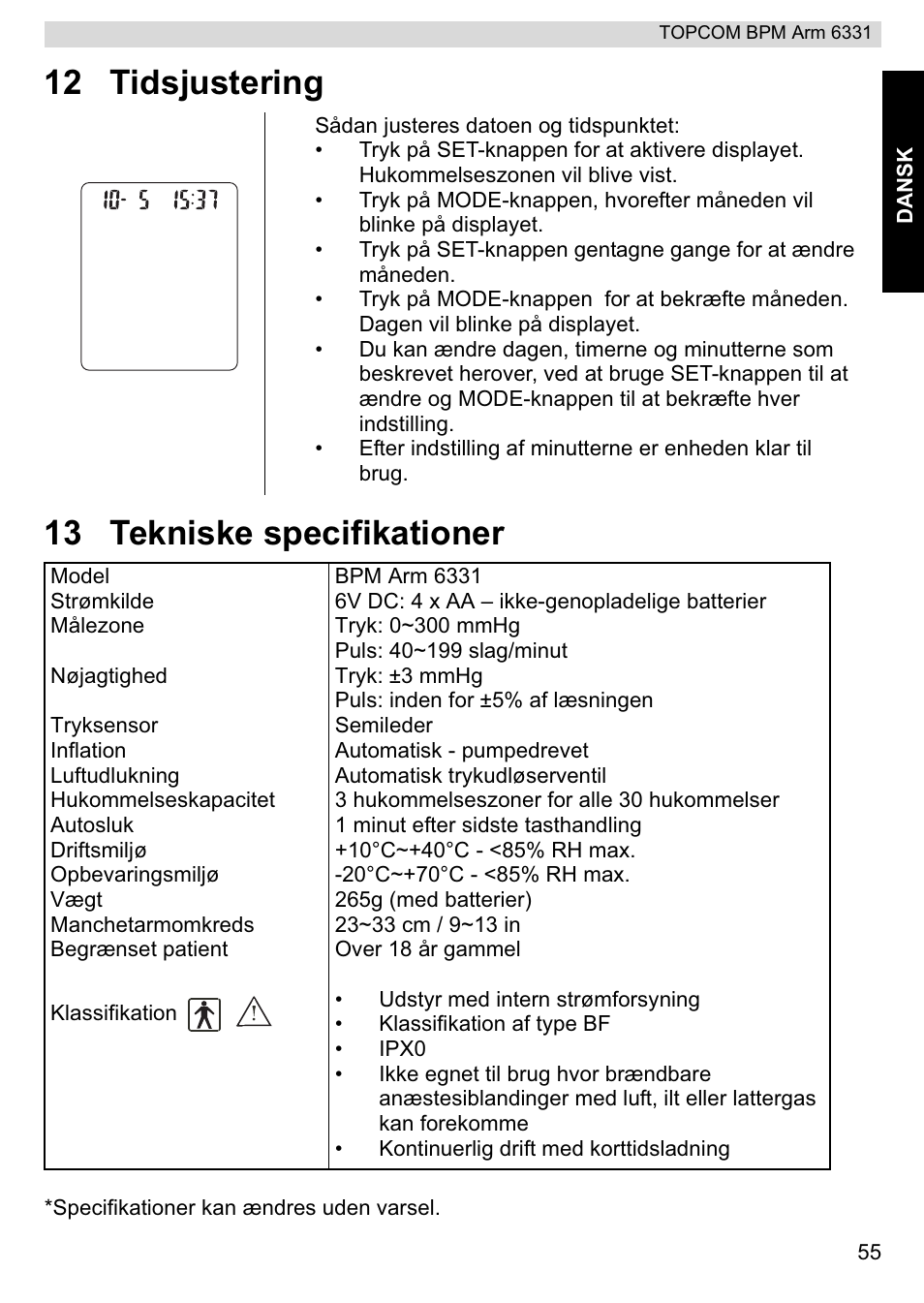 12 tidsjustering 13 tekniske specifikationer | Topcom 6331 User Manual | Page 55 / 76