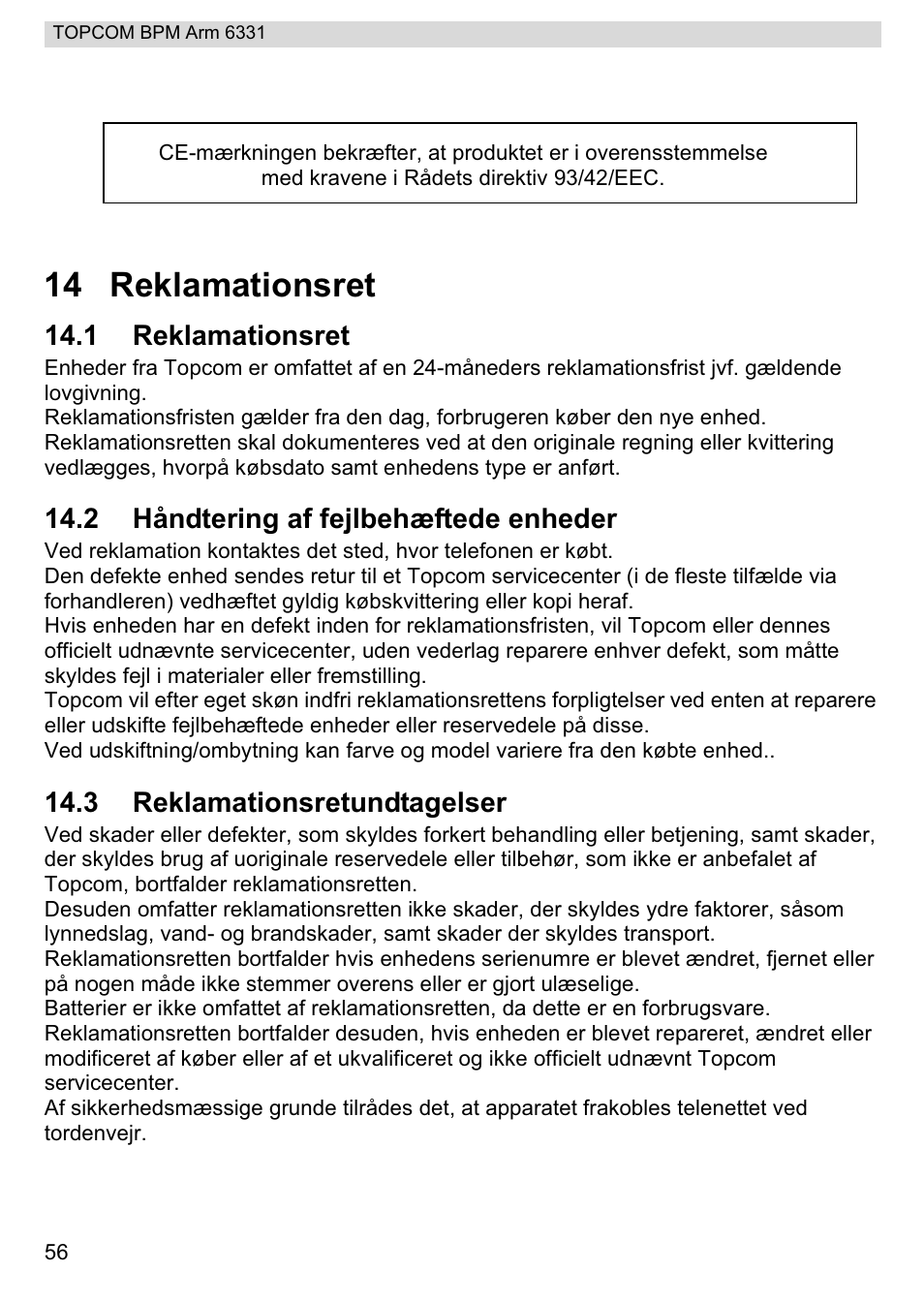14 reklamationsret | Topcom 6331 User Manual | Page 56 / 76