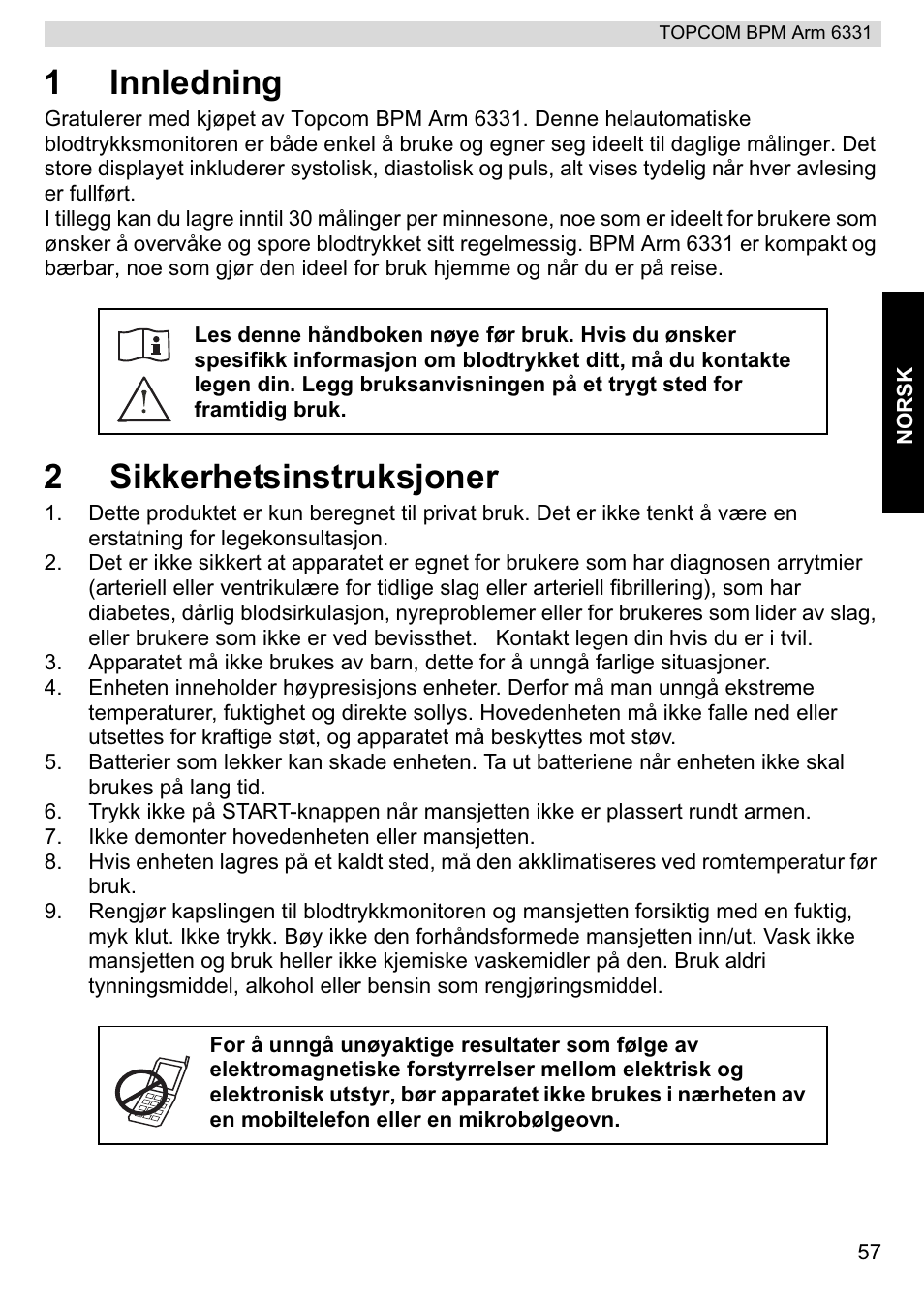 1innledning, 2sikkerhetsinstruksjoner | Topcom 6331 User Manual | Page 57 / 76