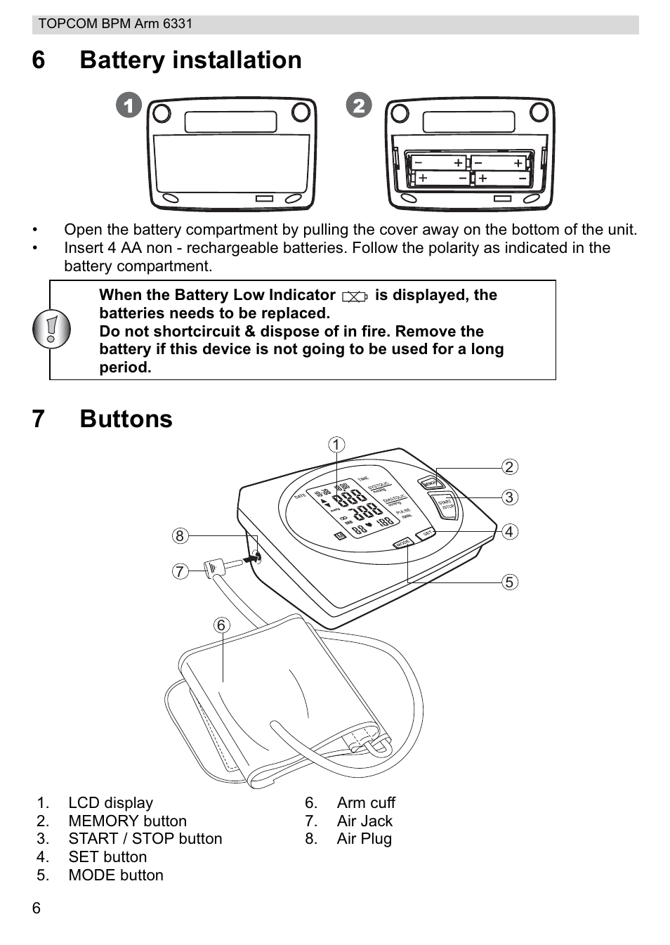 6battery installation, 7buttons | Topcom 6331 User Manual | Page 6 / 76