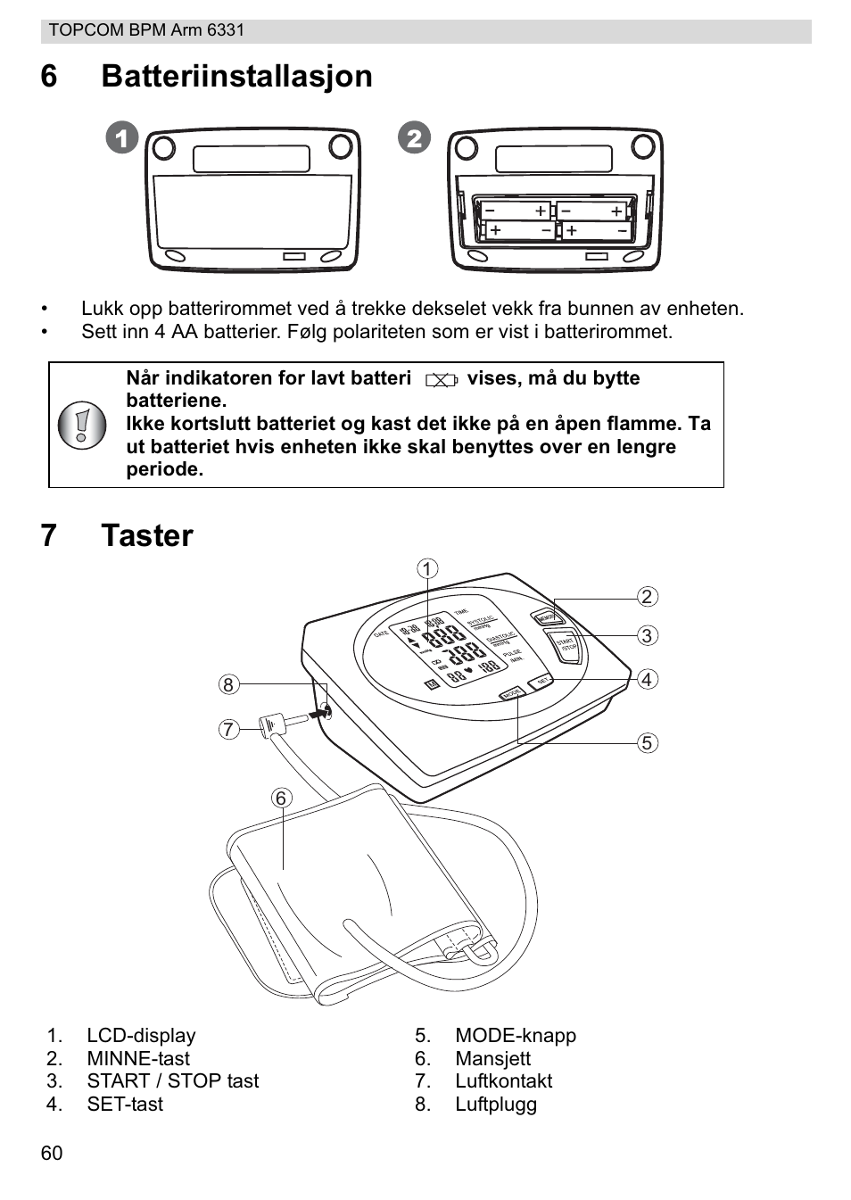 6batteriinstallasjon, 7taster | Topcom 6331 User Manual | Page 60 / 76