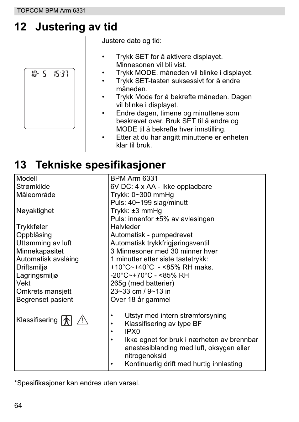 12 justering av tid 13 tekniske spesifikasjoner | Topcom 6331 User Manual | Page 64 / 76