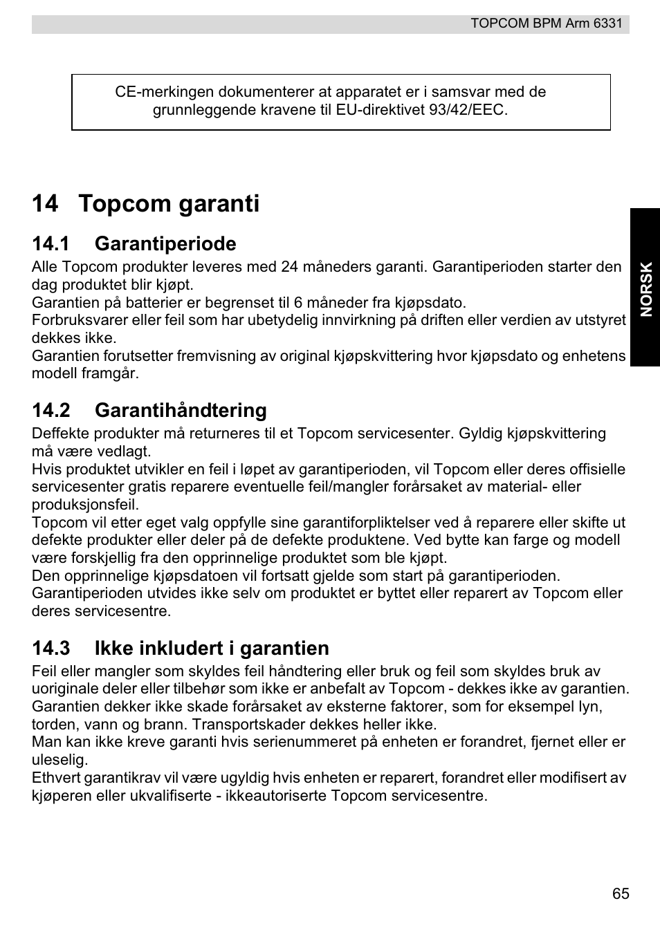 14 topcom garanti, 1 garantiperiode, 2 garantihåndtering | 3 ikke inkludert i garantien | Topcom 6331 User Manual | Page 65 / 76