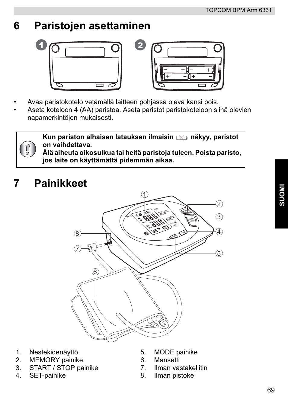 6paristojen asettaminen, 7painikkeet | Topcom 6331 User Manual | Page 69 / 76