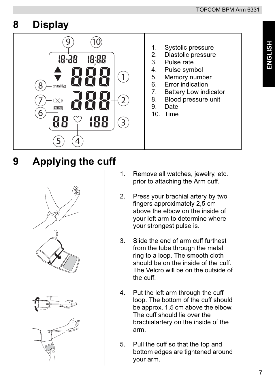 8display 9 applying the cuff | Topcom 6331 User Manual | Page 7 / 76
