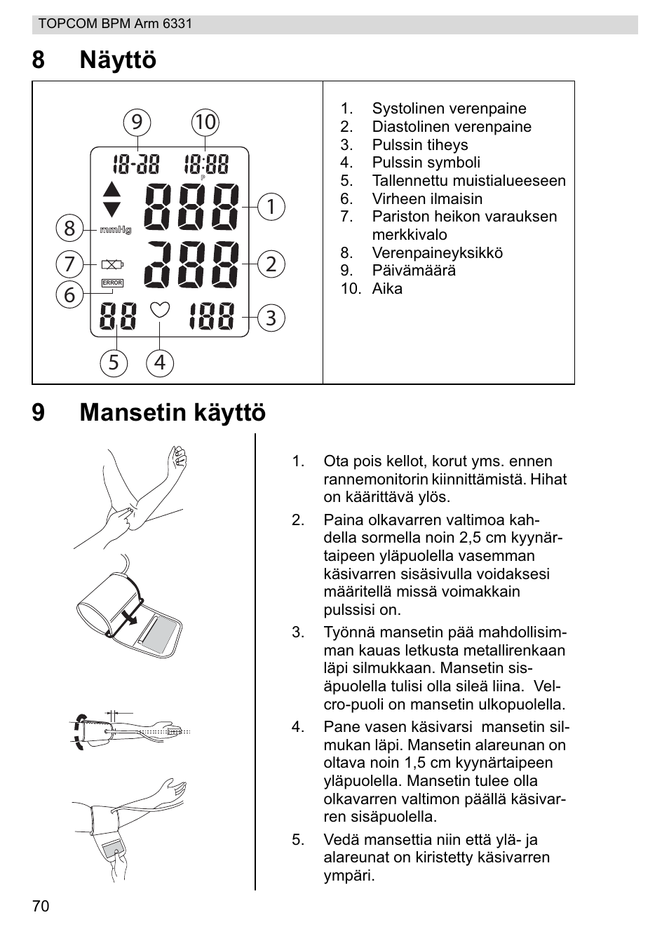 8näyttö 9 mansetin käyttö | Topcom 6331 User Manual | Page 70 / 76