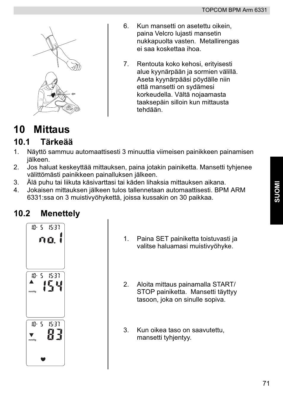 10 mittaus, 1 tärkeää, 2 menettely | Topcom 6331 User Manual | Page 71 / 76