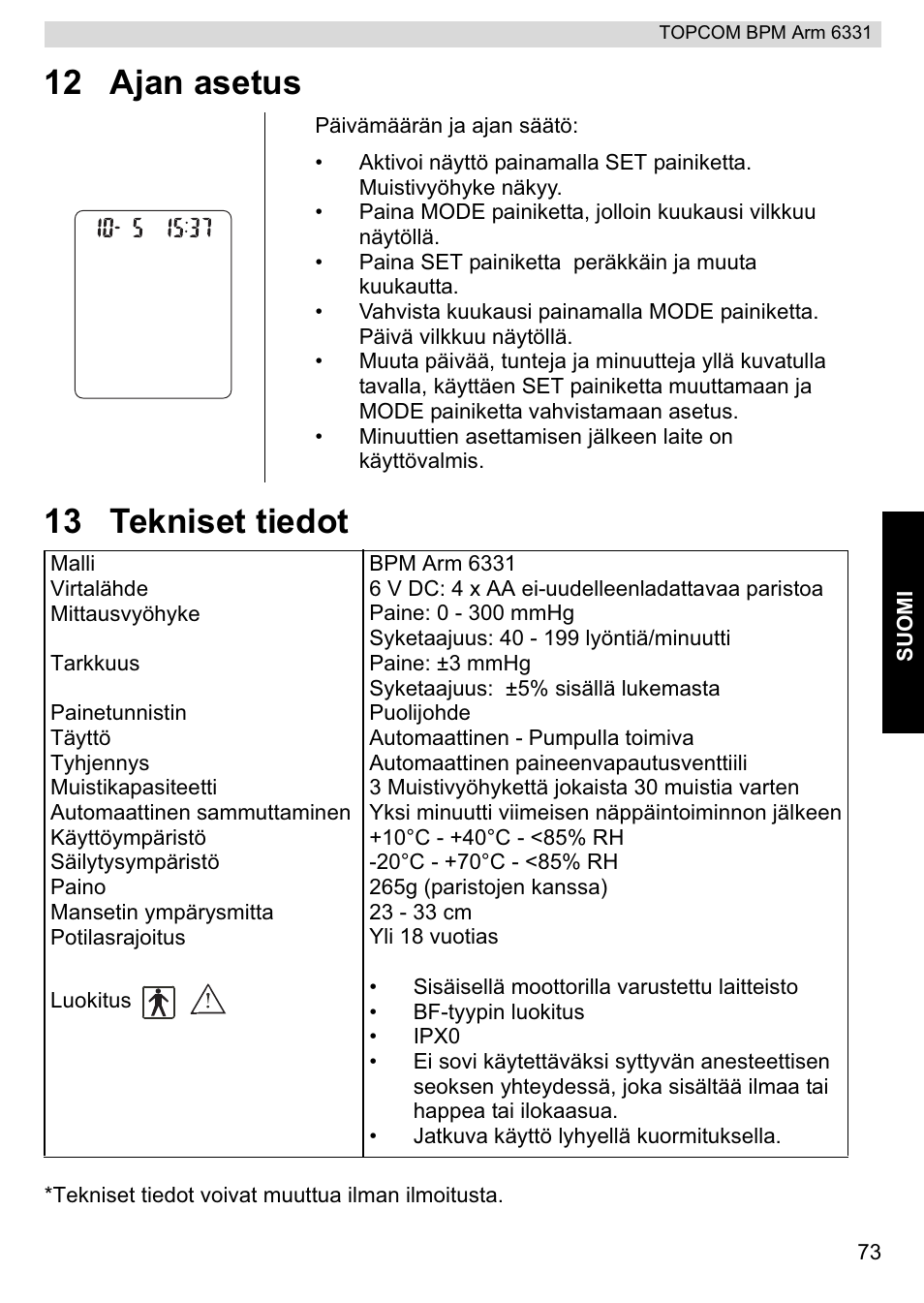 12 ajan asetus 13 tekniset tiedot | Topcom 6331 User Manual | Page 73 / 76