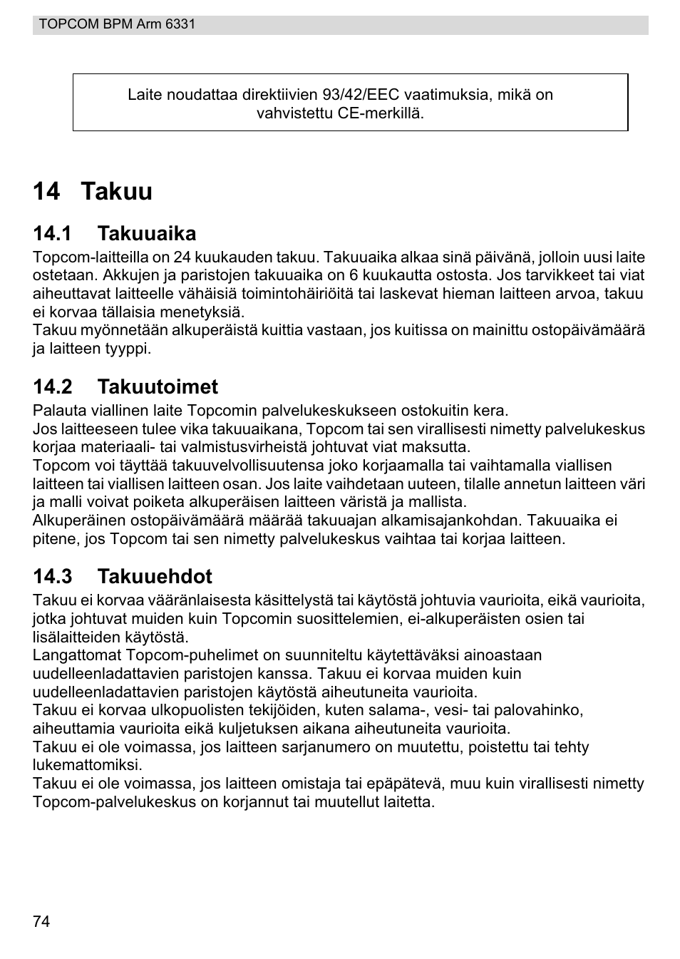 14 takuu | Topcom 6331 User Manual | Page 74 / 76