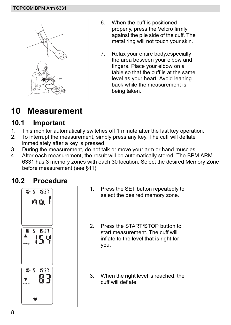 10 measurement, 1 important, 2 procedure | Topcom 6331 User Manual | Page 8 / 76