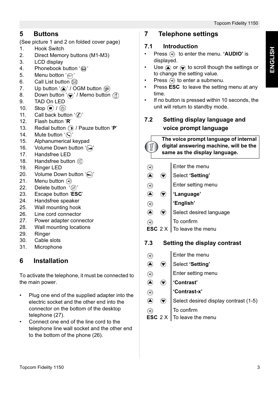 5buttons, 6installation, 7telephone settings | Topcom FIDELITY 1150 User Manual | Page 3 / 16