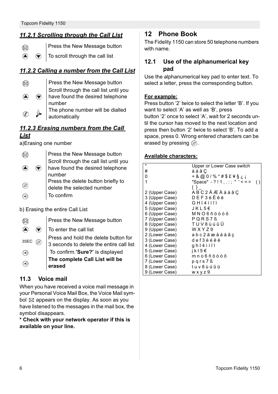 12 phone book | Topcom FIDELITY 1150 User Manual | Page 6 / 16