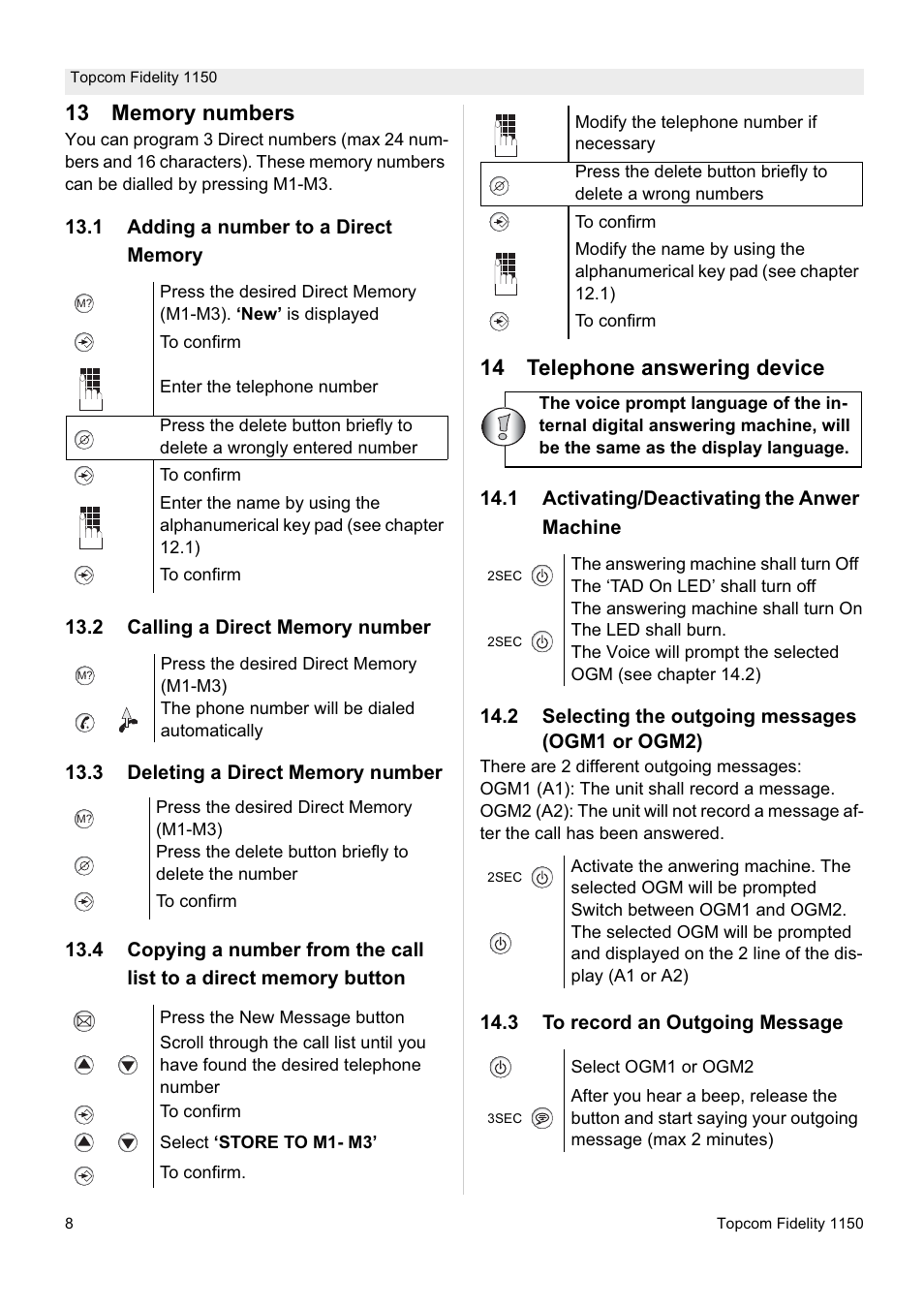 14 telephone answering device | Topcom FIDELITY 1150 User Manual | Page 8 / 16