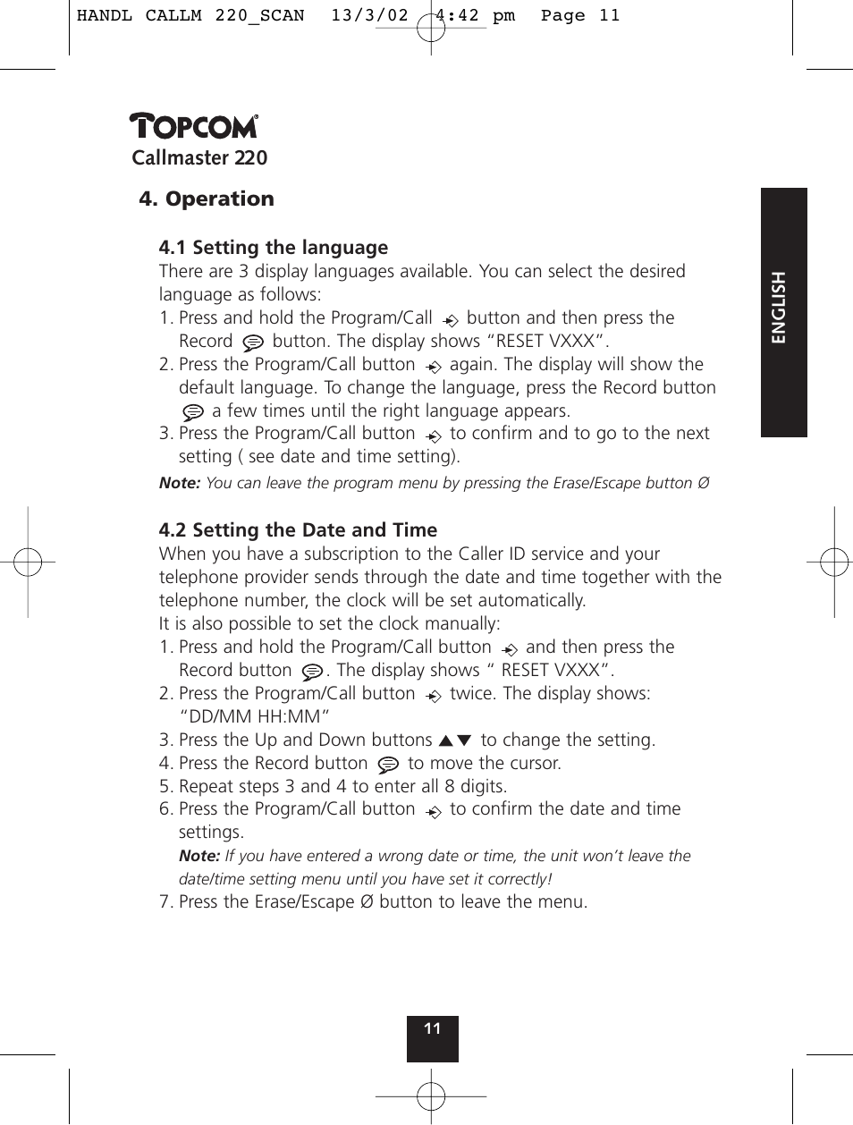 Topcom CALLMASTER 220 User Manual | Page 11 / 68