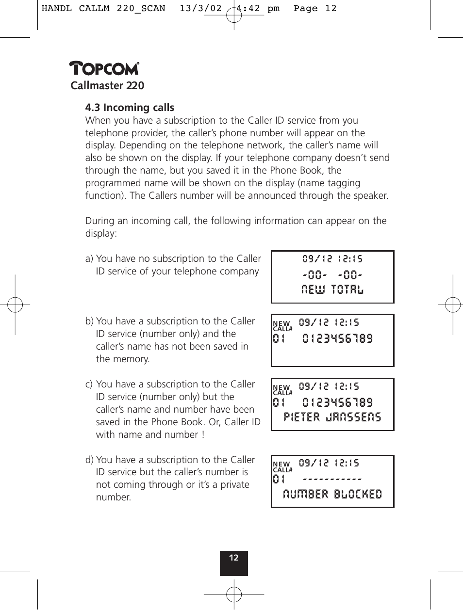 00 - new total, 01 ----------- number blocked | Topcom CALLMASTER 220 User Manual | Page 12 / 68