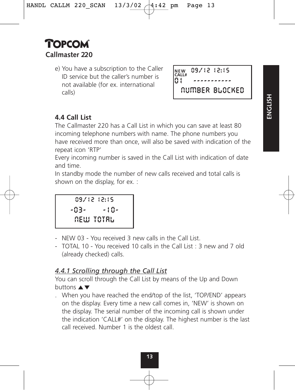 03 - new total, 01 ----------- number blocked | Topcom CALLMASTER 220 User Manual | Page 13 / 68