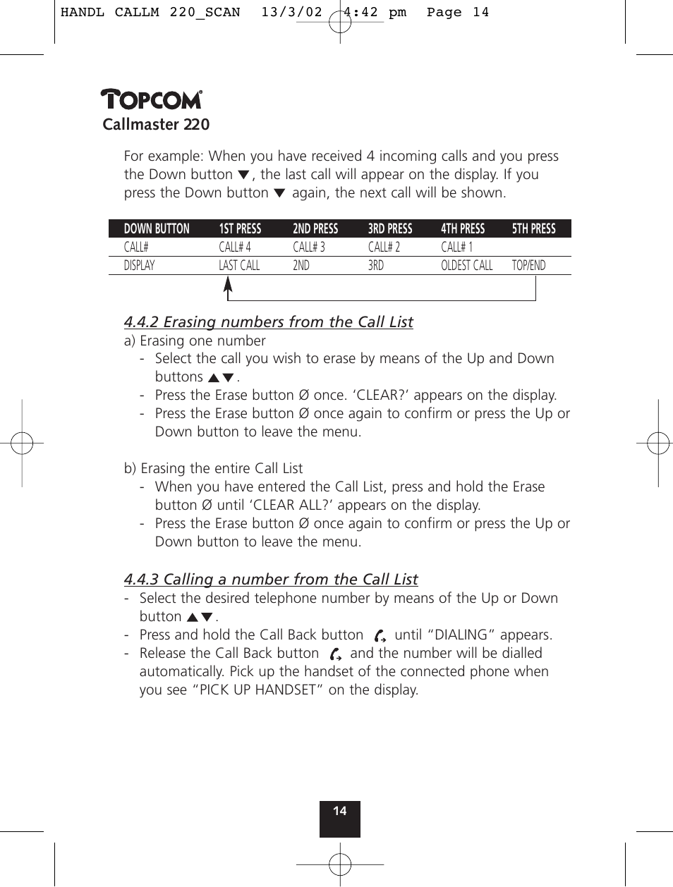 Topcom CALLMASTER 220 User Manual | Page 14 / 68