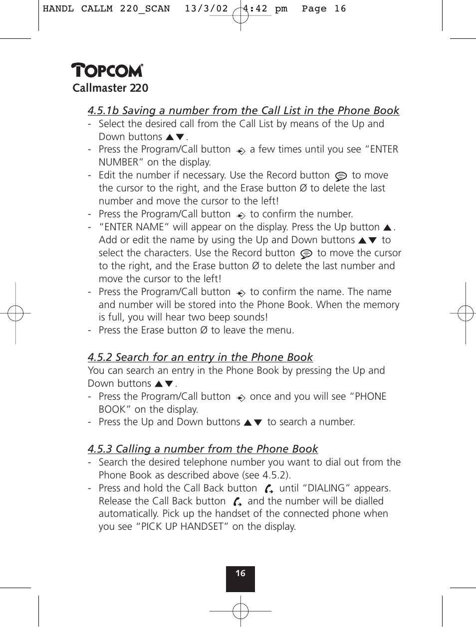 Topcom CALLMASTER 220 User Manual | Page 16 / 68