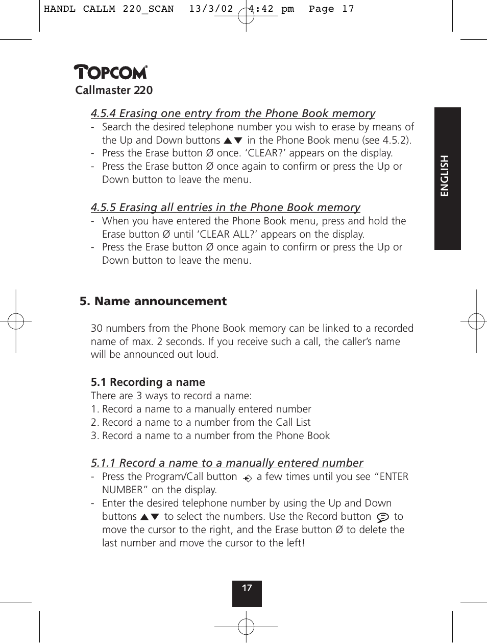 Topcom CALLMASTER 220 User Manual | Page 17 / 68