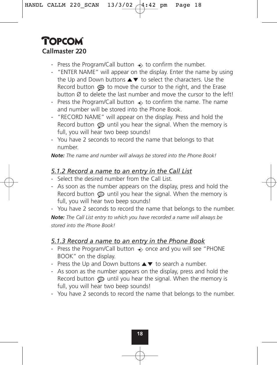 Topcom CALLMASTER 220 User Manual | Page 18 / 68