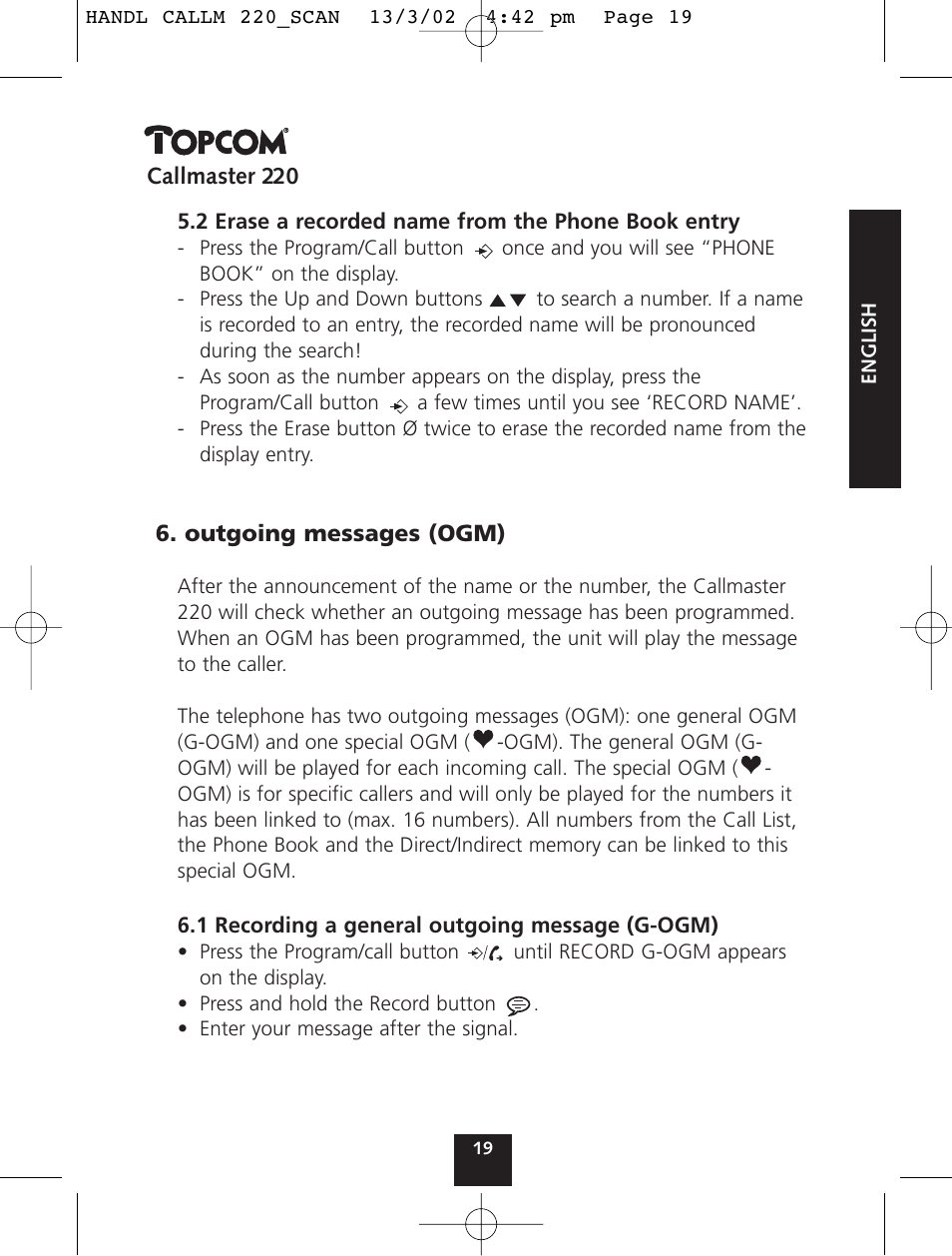 Topcom CALLMASTER 220 User Manual | Page 19 / 68
