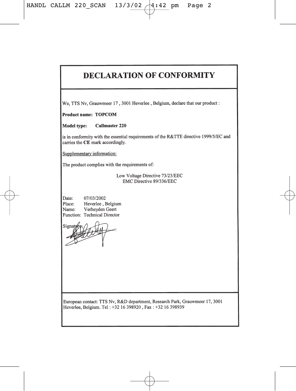 Topcom CALLMASTER 220 User Manual | Page 2 / 68