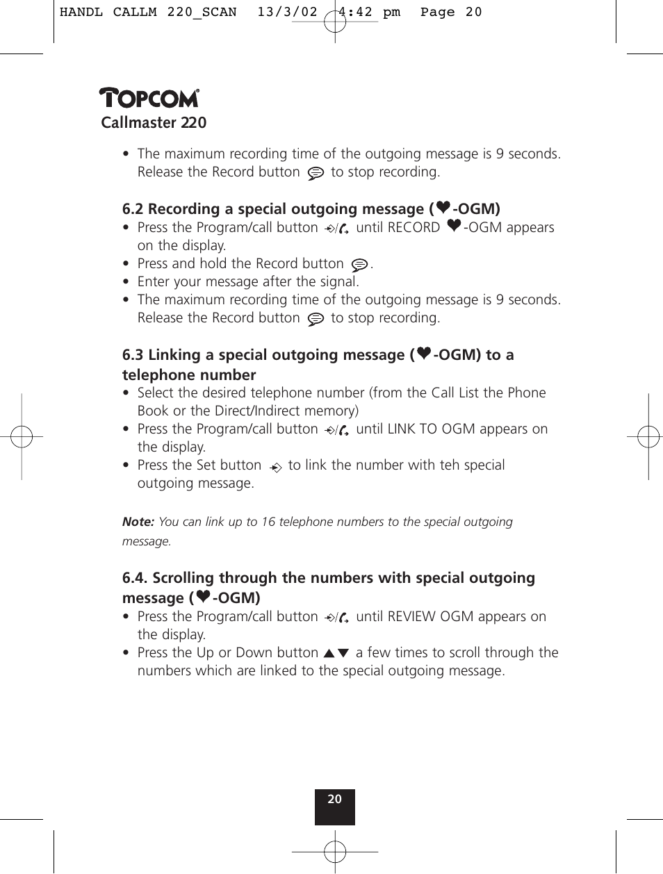 Topcom CALLMASTER 220 User Manual | Page 20 / 68