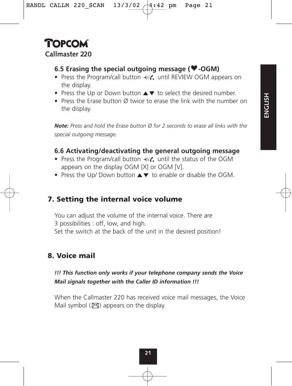 Topcom CALLMASTER 220 User Manual | Page 21 / 68