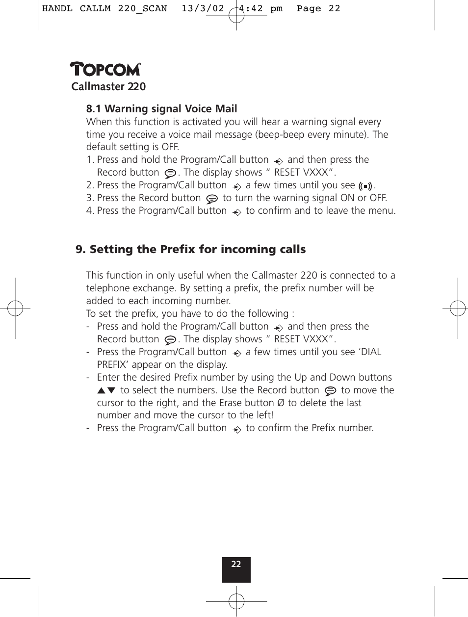 Topcom CALLMASTER 220 User Manual | Page 22 / 68