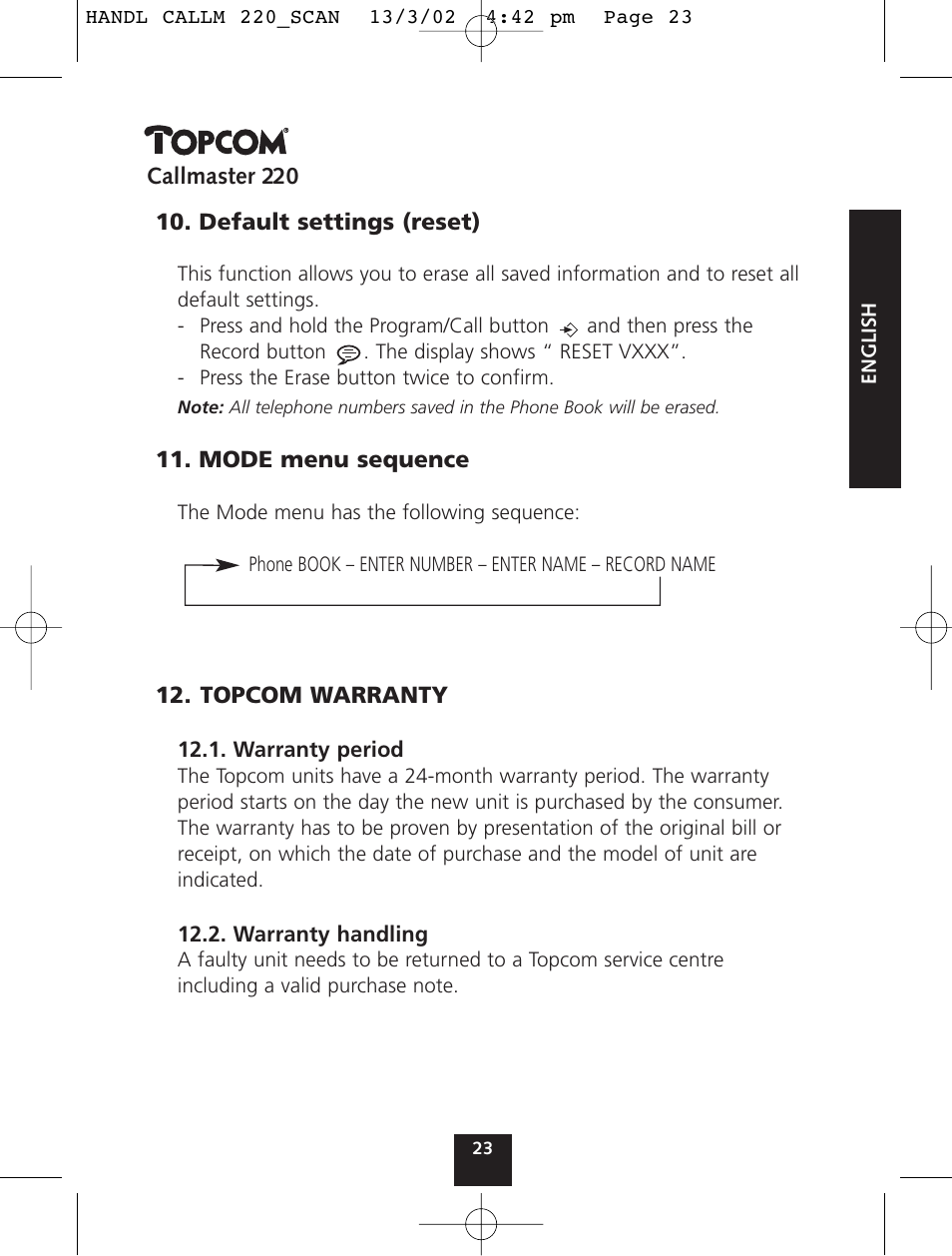 Topcom CALLMASTER 220 User Manual | Page 23 / 68