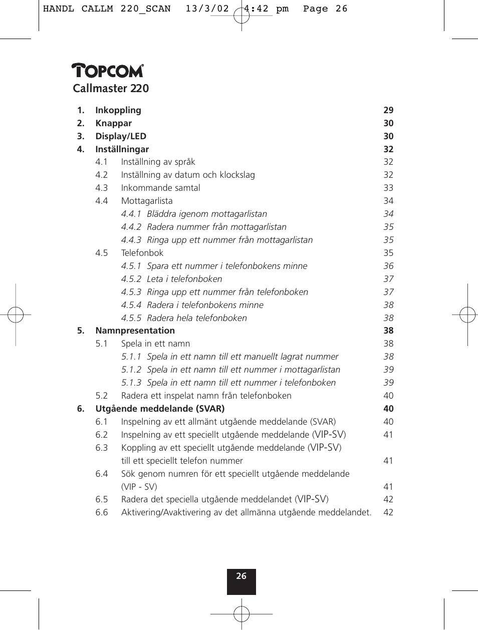 Callmaster 220 | Topcom CALLMASTER 220 User Manual | Page 26 / 68