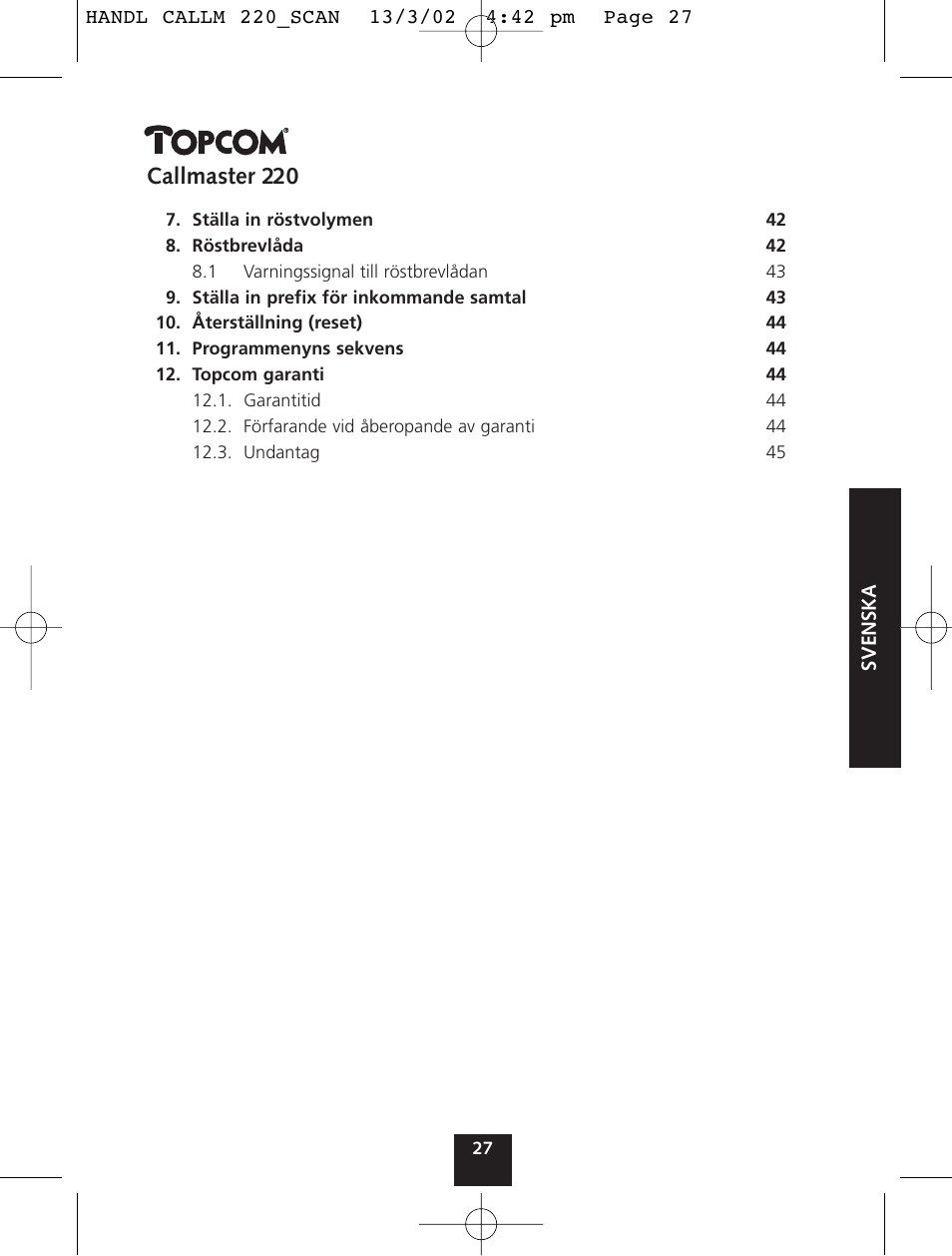 Callmaster 220 | Topcom CALLMASTER 220 User Manual | Page 27 / 68