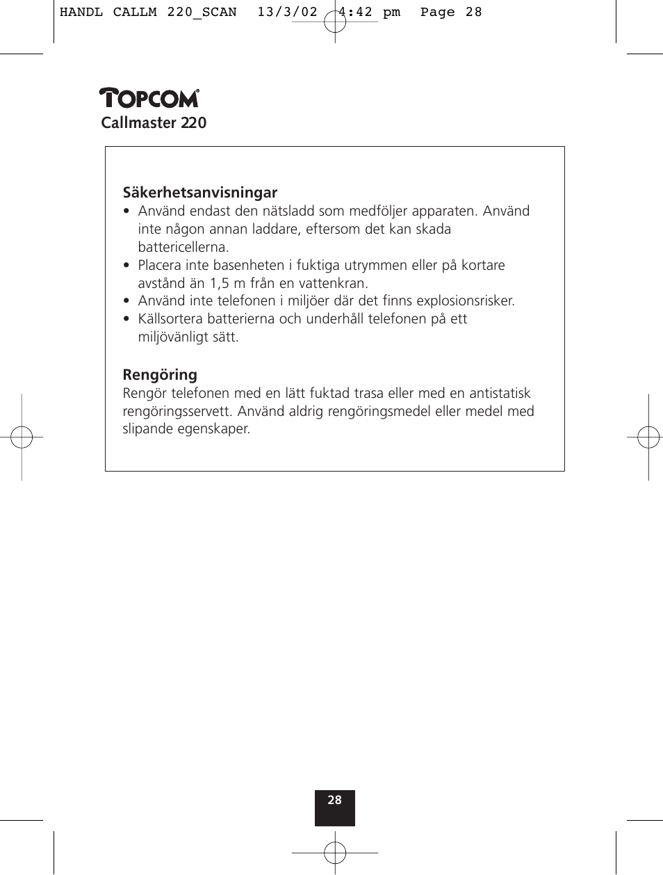 Topcom CALLMASTER 220 User Manual | Page 28 / 68