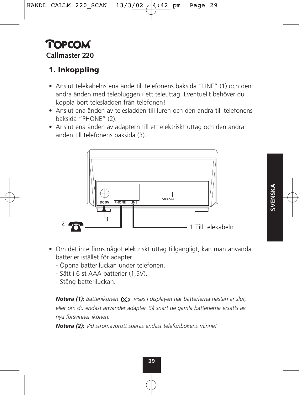 Callmaster 220, Inkoppling | Topcom CALLMASTER 220 User Manual | Page 29 / 68