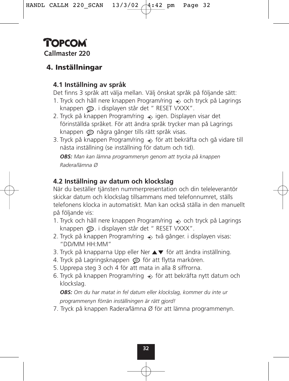 Topcom CALLMASTER 220 User Manual | Page 32 / 68