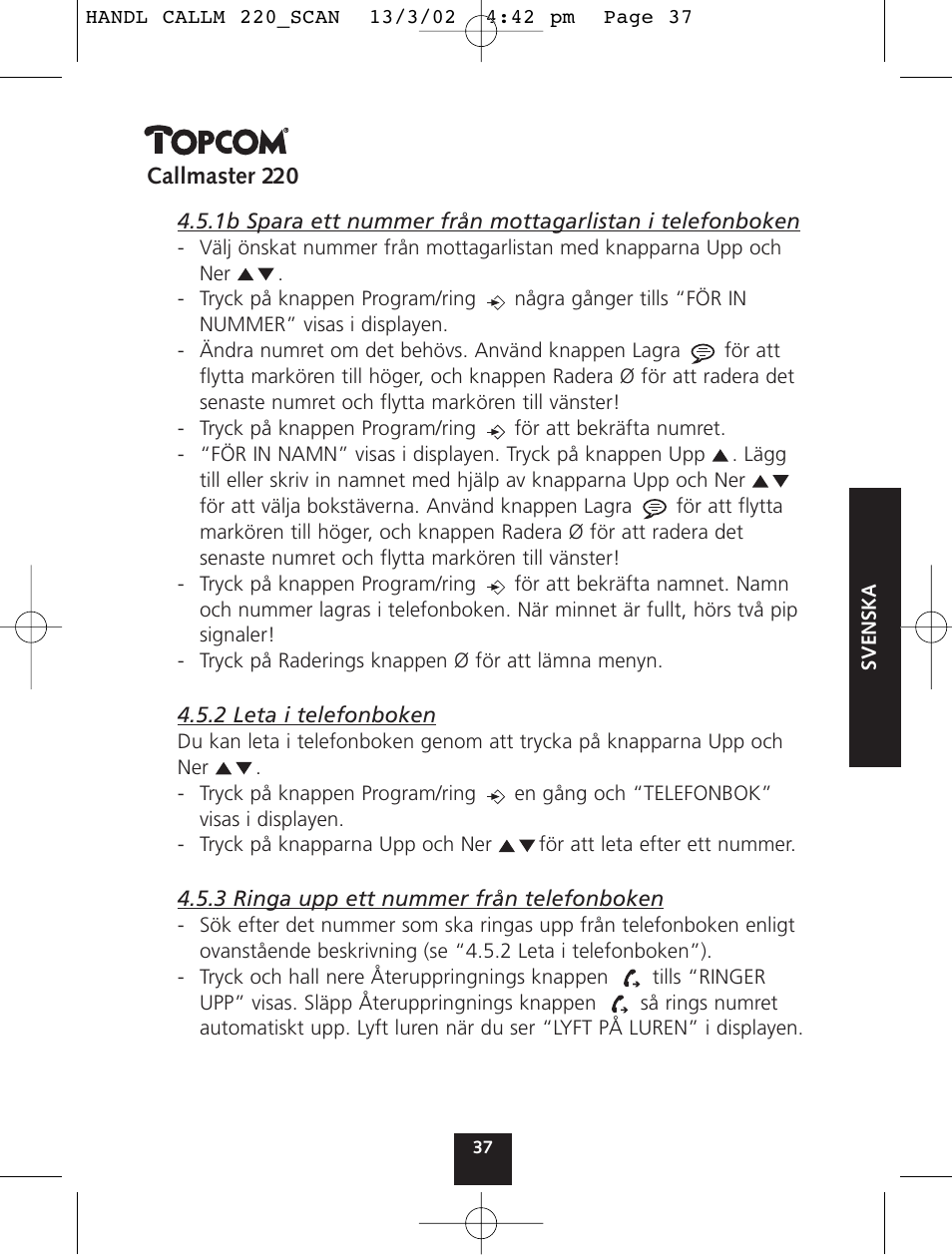 Topcom CALLMASTER 220 User Manual | Page 37 / 68