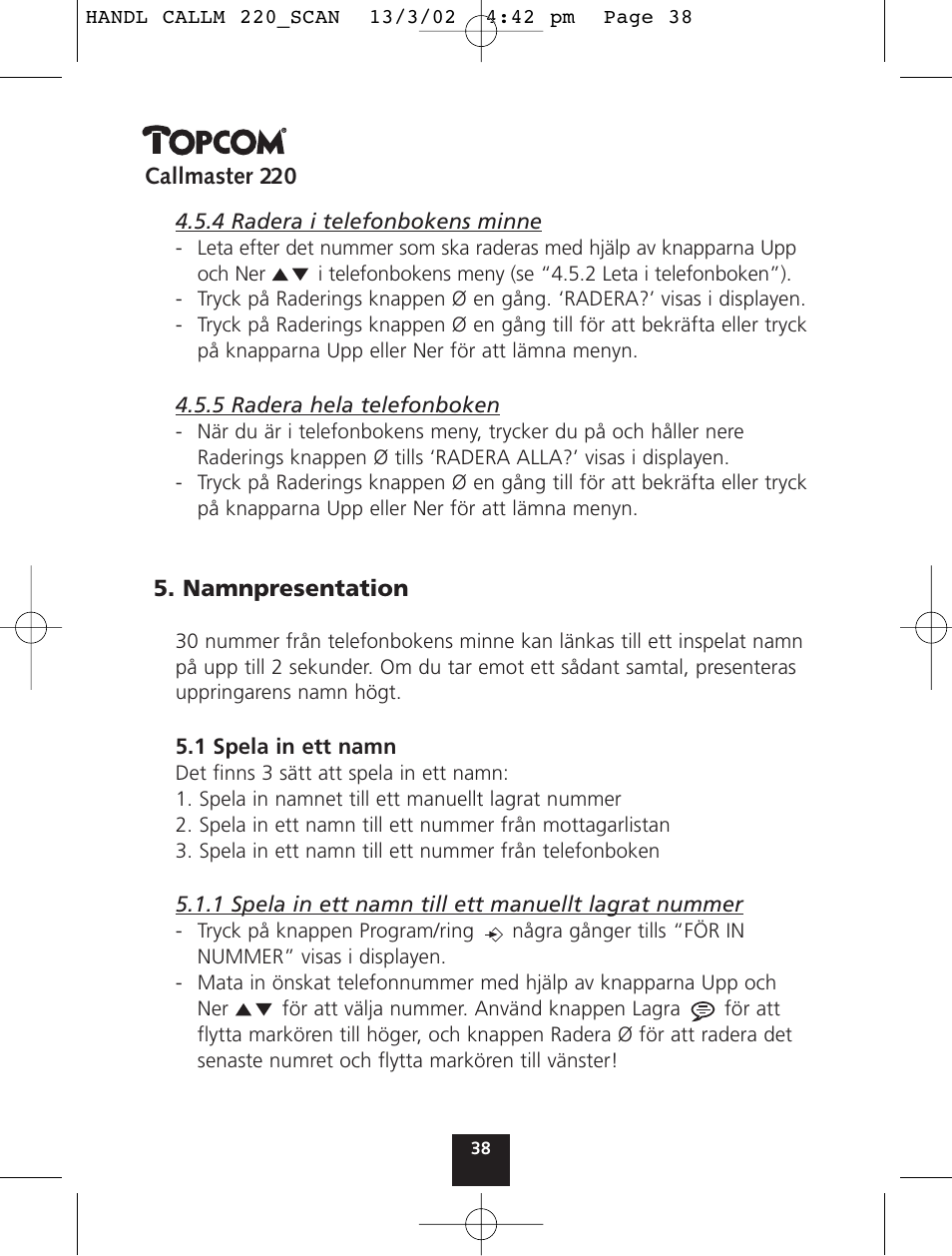 Topcom CALLMASTER 220 User Manual | Page 38 / 68