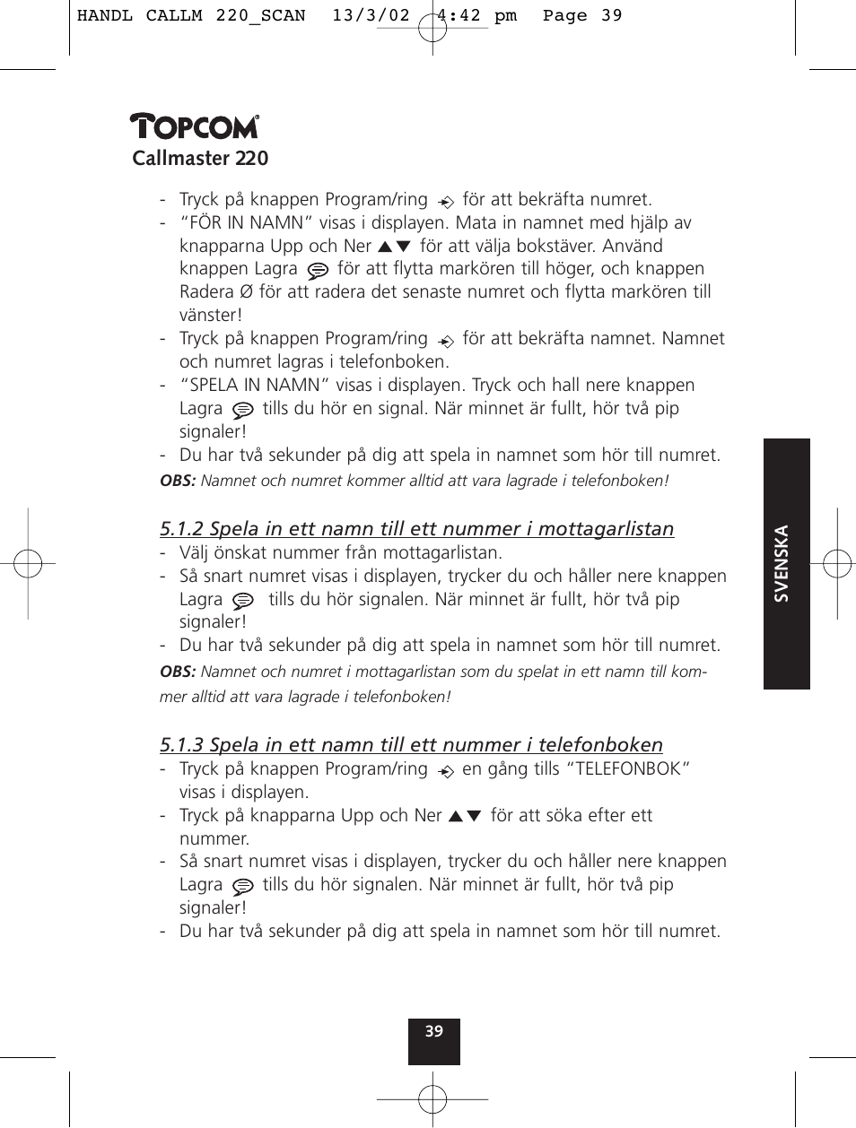 Topcom CALLMASTER 220 User Manual | Page 39 / 68