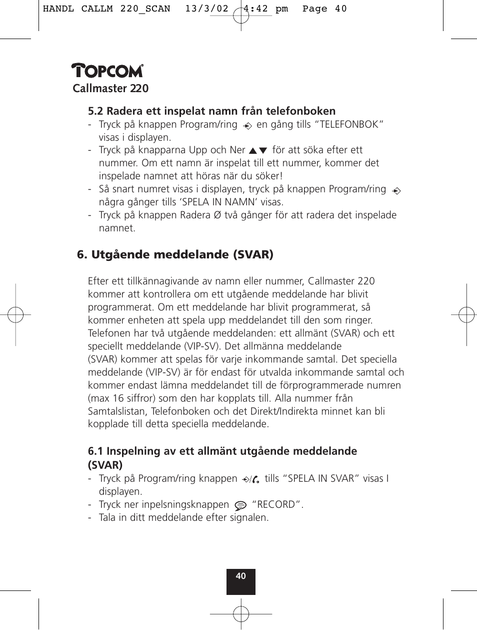 Topcom CALLMASTER 220 User Manual | Page 40 / 68