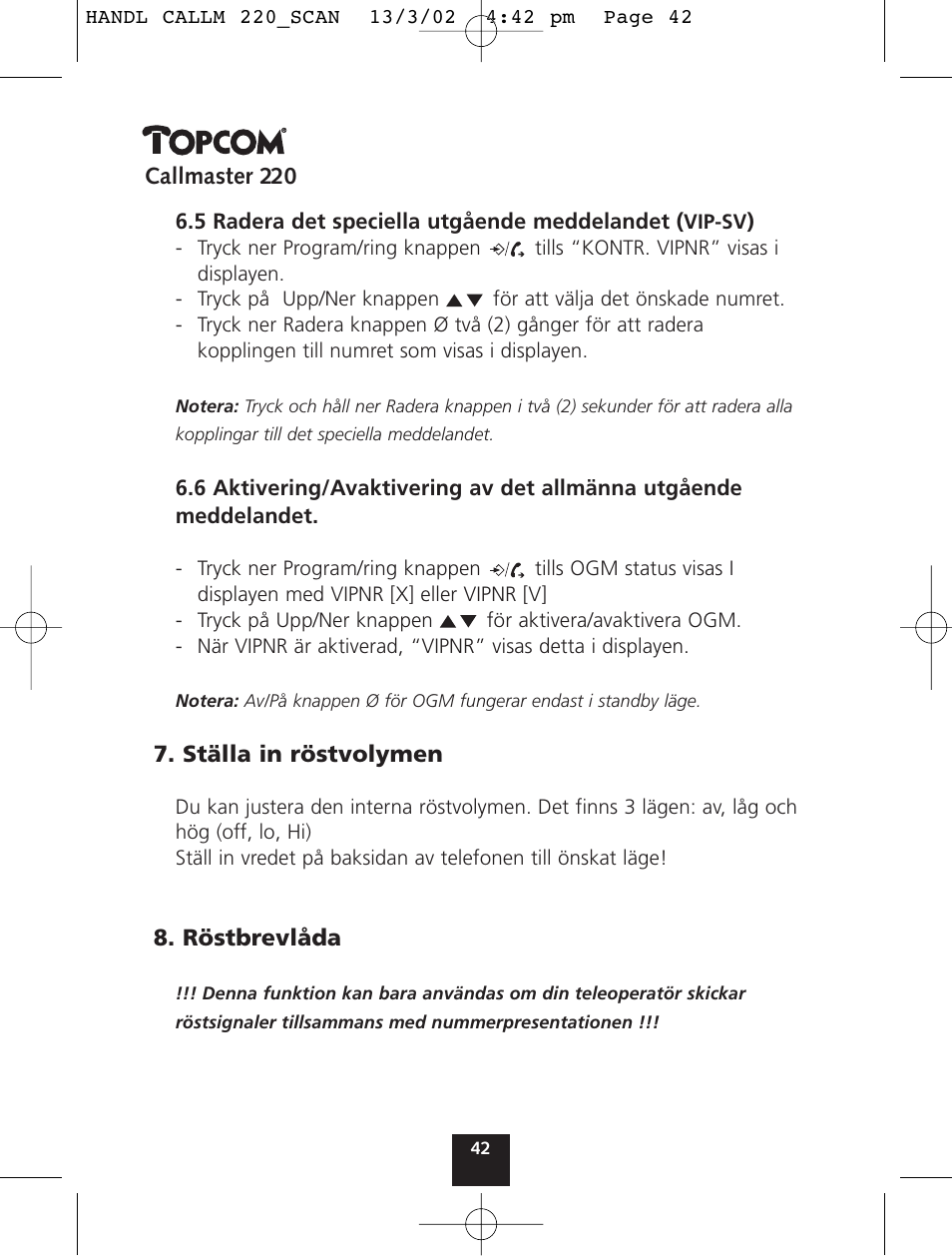 Topcom CALLMASTER 220 User Manual | Page 42 / 68