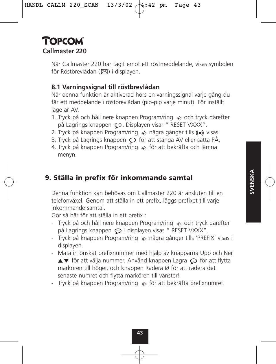 Topcom CALLMASTER 220 User Manual | Page 43 / 68