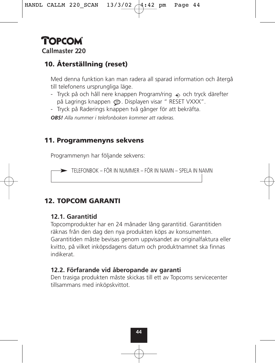 Topcom CALLMASTER 220 User Manual | Page 44 / 68