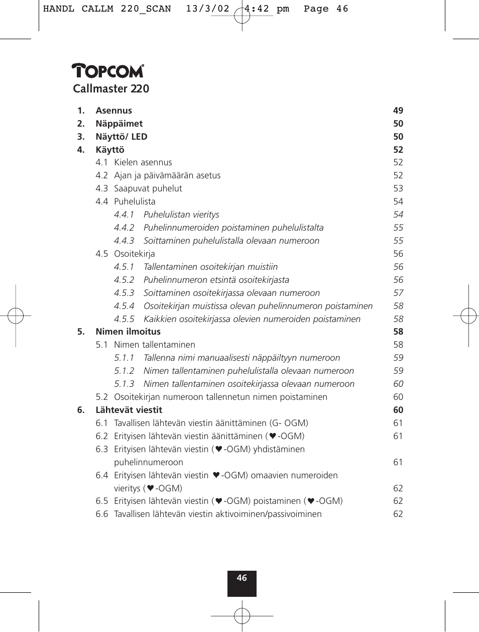 Callmaster 220 | Topcom CALLMASTER 220 User Manual | Page 46 / 68