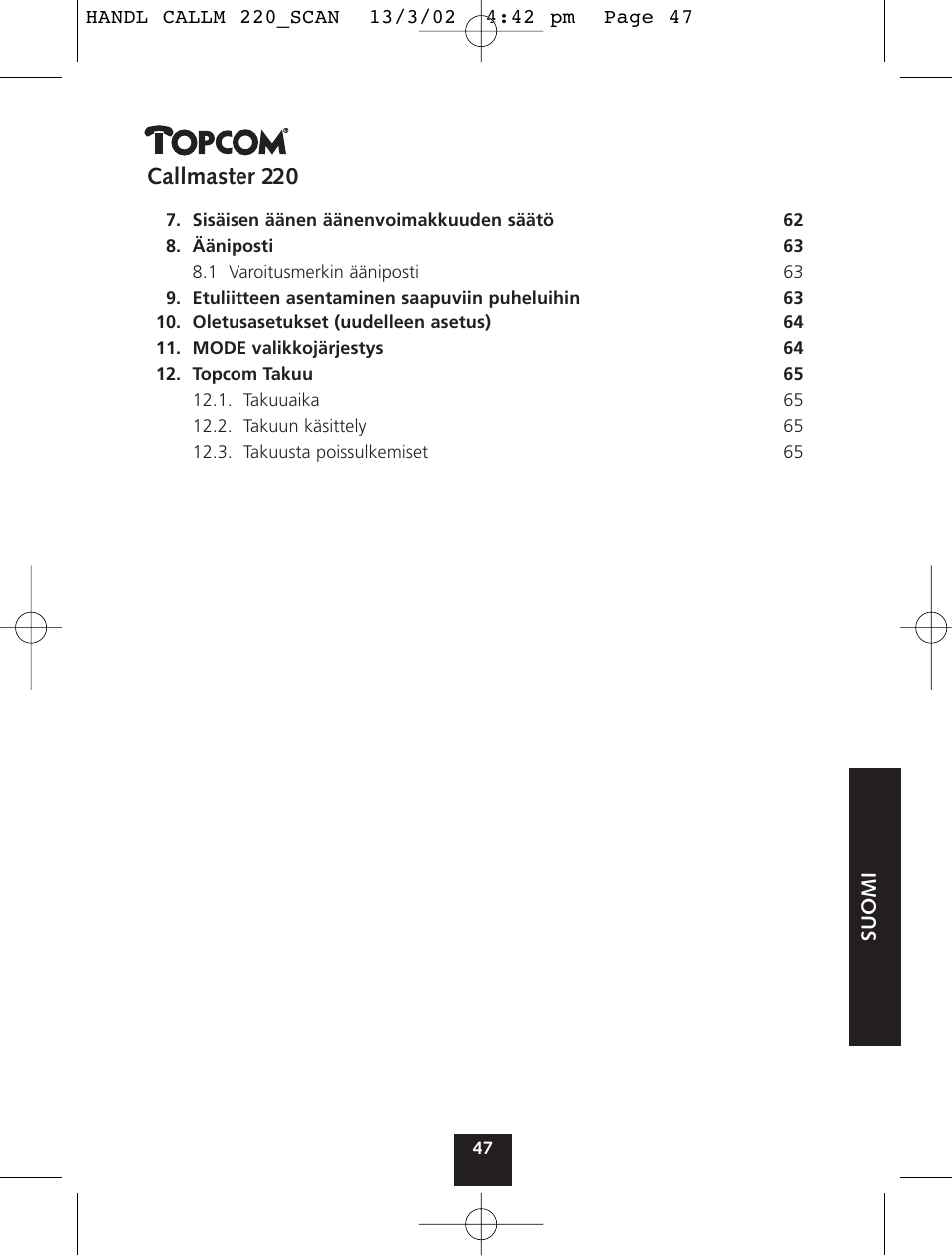Callmaster 220 | Topcom CALLMASTER 220 User Manual | Page 47 / 68