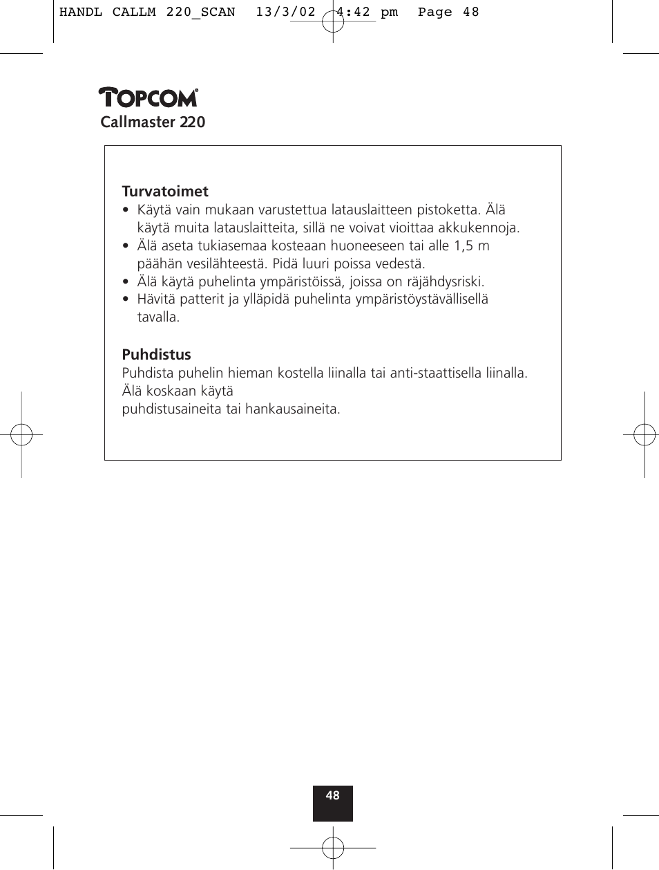 Topcom CALLMASTER 220 User Manual | Page 48 / 68