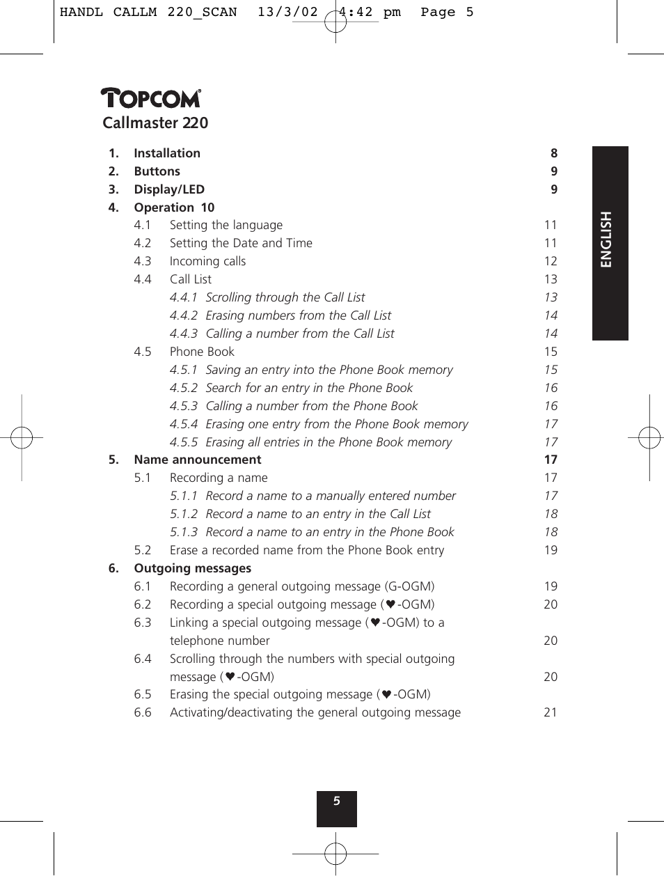 Callmaster 220 | Topcom CALLMASTER 220 User Manual | Page 5 / 68